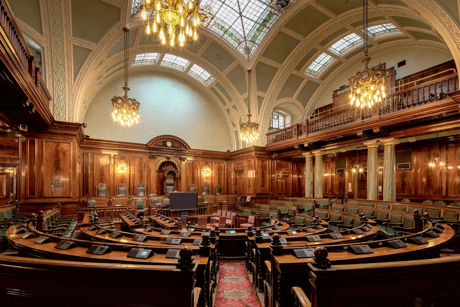 Municipal office interior with classic wood paneling