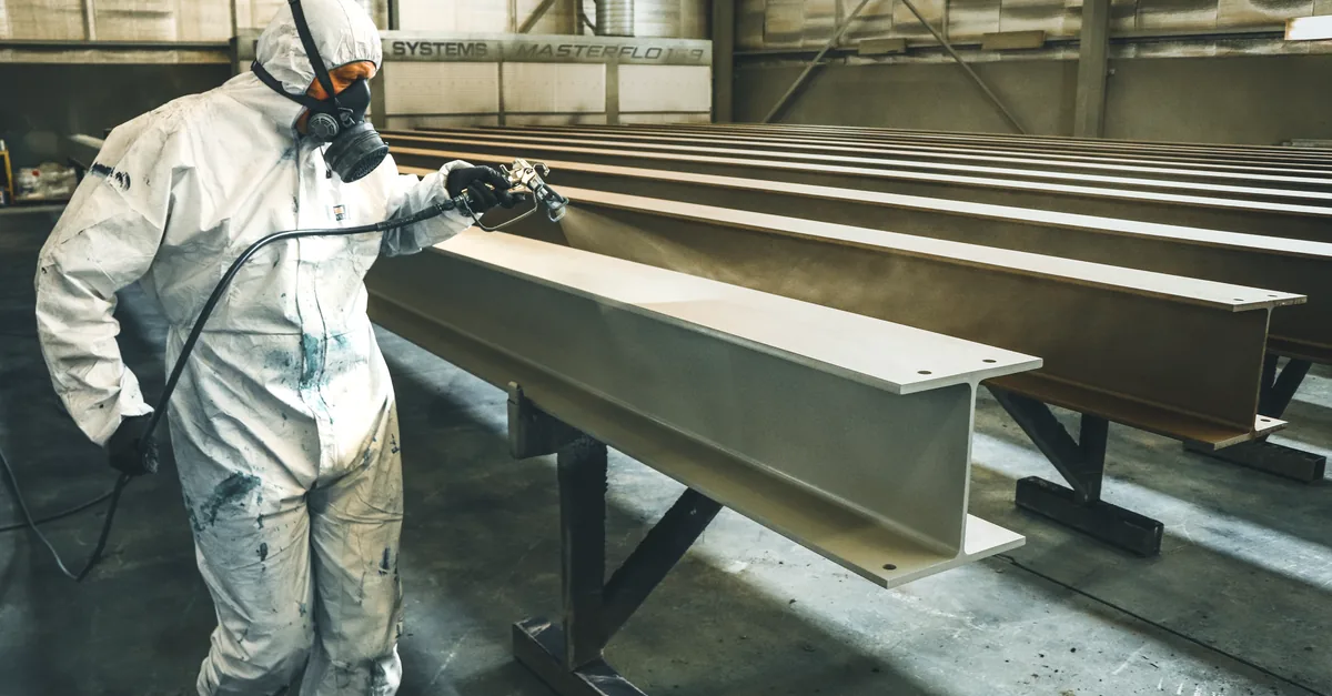 Worker spray coating large structural steel beams