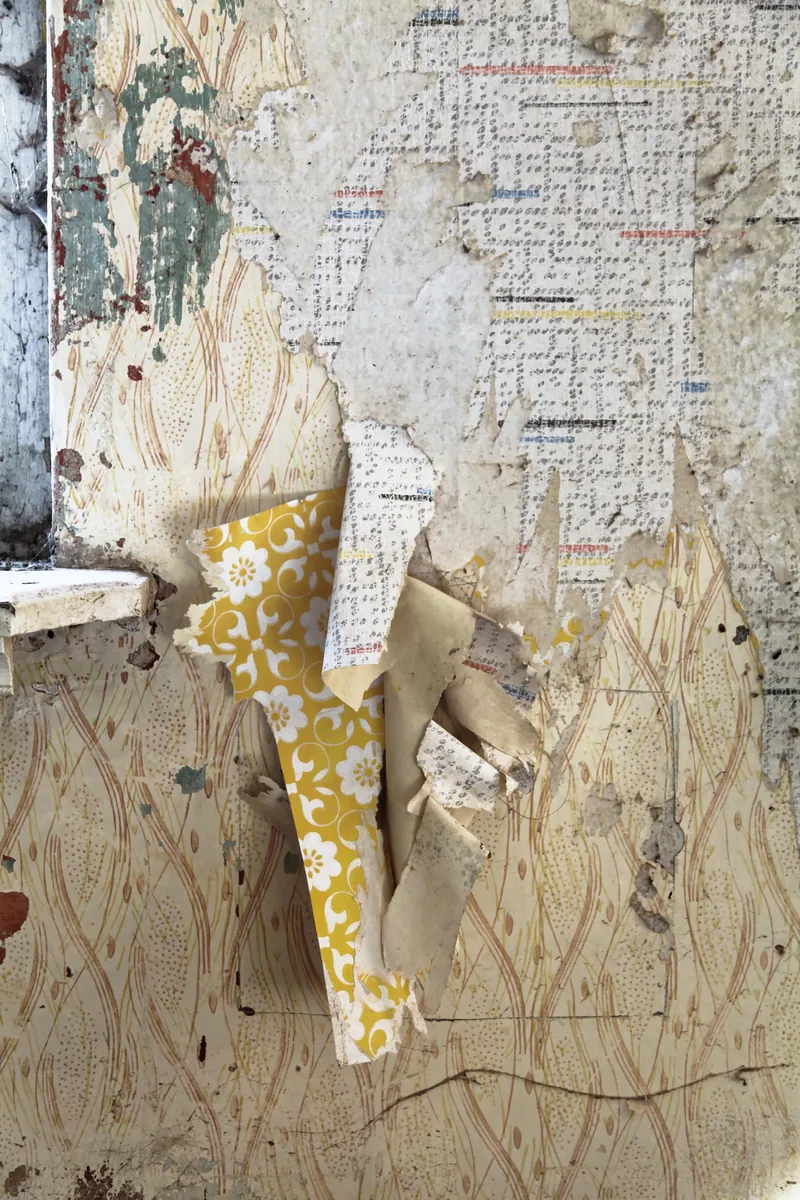 Peeling layers of old wallpaper on a wall